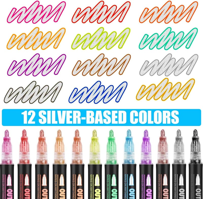 OUNIY Double Line Outline Markers 12 Colors Super Squiggles Glitter Self Outline Metallic, Doodle Shimmer Drawing Pens for Christmas Greeting Card, Birthday Gift, DIY Art Crafts - Image 2